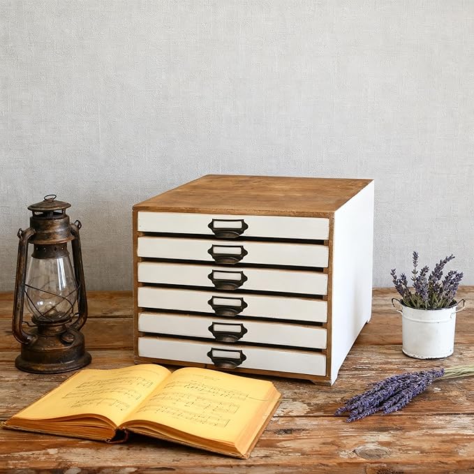 Vintage Wooden Storage Box Desktop Organizer Cabinet with 6 Drawers Rustic Farmhouse Distressed Decor Jewelry Cosmetics Craft Paper Small Tool Library Card Catalog Cabinet for Home Office Desk White