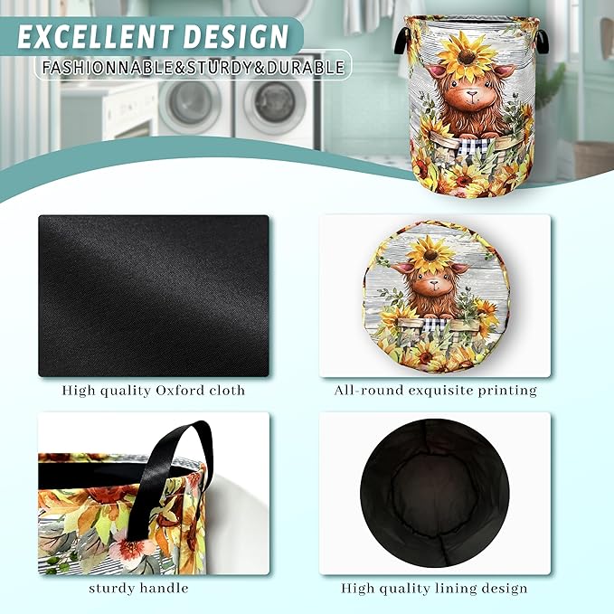 Cute Sunflowers Small Cow Laundry Basket Foldable With Handles Tote Bag Oxford Cloth Funny Laundry Hamper Clothes Storage Bucket Toy Organizer 18.9" x 16.5" For Bathroom/Laundry/Bedroom