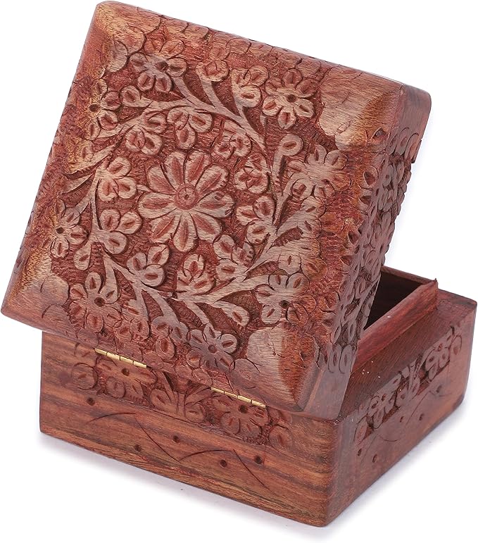 Ajuny Wooden Hand Carved Decorative Keepsake Box Jewelry Armoire Treasure Chest Trinket Holder Storage Travel Organiser Perfect Unique Gifts Ideas for Men and Women