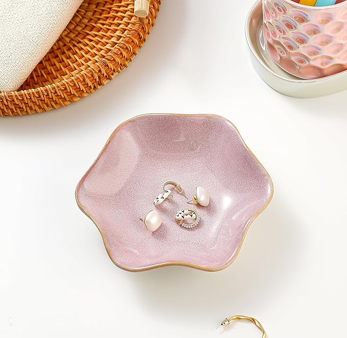 Ceramic Jewelry Dish,Ring Dish,Trinket Tray,Jewelry Tray,Key Bowl Pink Room Decor Bathroom Home Decor Gifts for Women Mom Sister Coworker Friend Bride(5.5 in Pink)