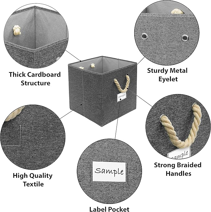 SIMPLE HOUSEWARE 11-Inch Cube Storage Bin With Braided Handles, 4 Pack, Dark Gray