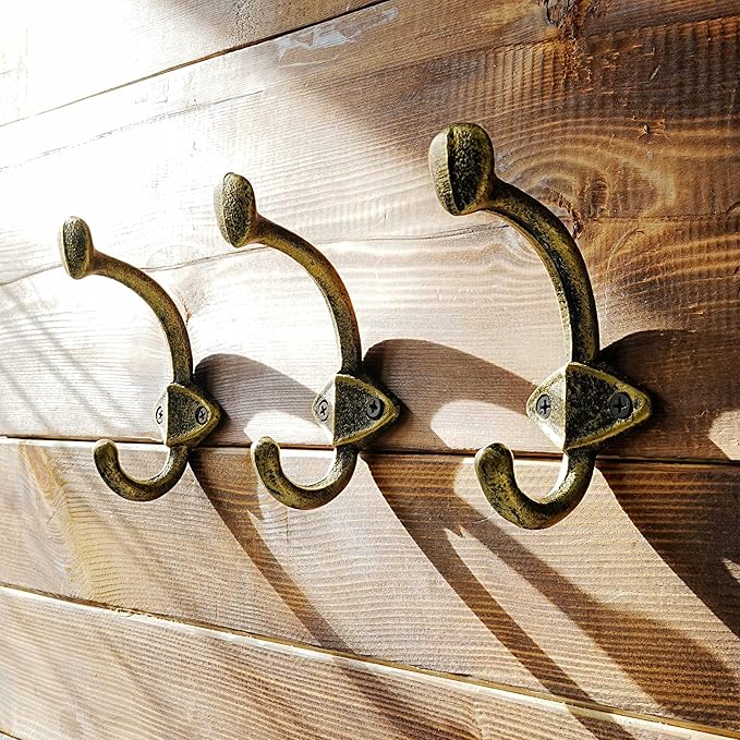 Dseap Cast Iron Wall Hooks L=5”, Heavy Duty Coat Hooks, Rustic Vintage Farmhouse Hook for Hanging Winter Coats Jackets Towels Hats Bags Plants, Antique Black& Gold, Pack of 5 (ShieldBold)