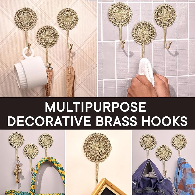 Indian Shelf 3 Wall Hooks- Decorative Hooks for Hanging Coats- Gold Boho Brass Shabby Chic- Key Holder- Coat Rack Mount- Vintage Wall Hook