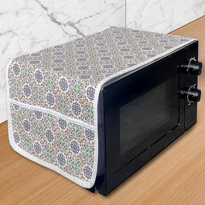 Ambesonne Geometric Microwave Oven Cover, Portuguese Tiles Floral Themed European Culture Elements Colorful Plant Design, Water Resistant Organizer with Pockets for Kitchen, 36" x 12", Blue Green