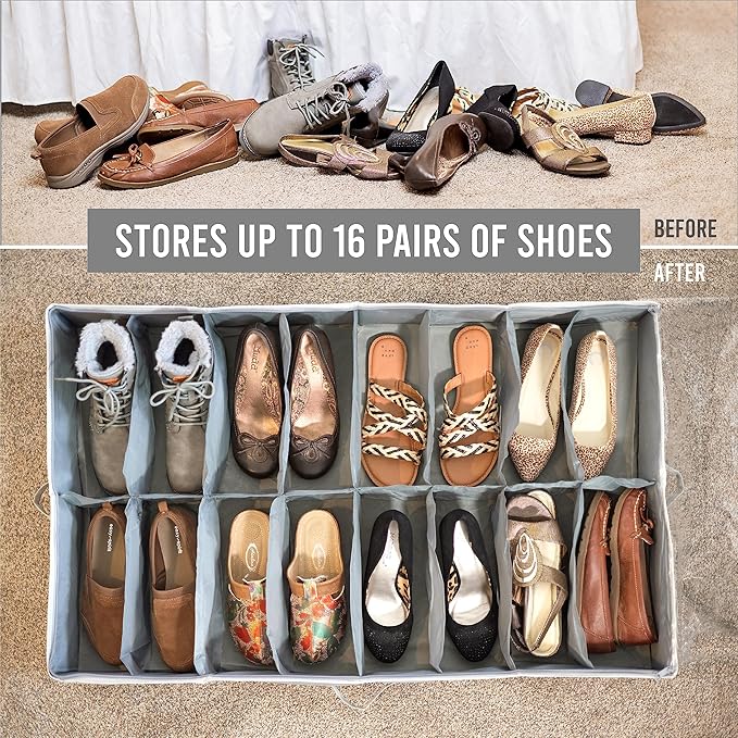 Under Bed Shoe Storage Organizer - TEAR-RESISTANT Heavy Duty 600D Material - Fits All Styles Men's and Women's Shoes, Up to 16 Pairs - Extra-Strong Zipper - Grey - Perfect for College Dorms
