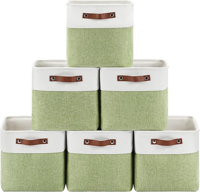 6-Pack Foldable Fabric Storage Cubes 11x11 Inch, Sturdy Cube Organizer Bins with Leather Handles, Storage Baskets for Closet Shelves and Home Organization(White/Green)
