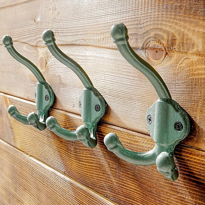 Dseap Cast Iron Wall Hooks L=5”, Heavy Duty Coat Hooks, Rustic Vintage Farmhouse Hook for Hanging Winter Coats Jackets Towels Hats Bags Plants, Mint Green, Pack of 5 (GripBold)