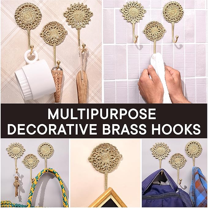 Indian Shelf 3 Brass Gold Decorative Wall Hooks Boho Key Holder Wall Mount- Shabby Chic- Unique Coat Rack- Gold Vintage Hooks for Hanging- Hat Rack- Towel Holder- Purse Hanger
