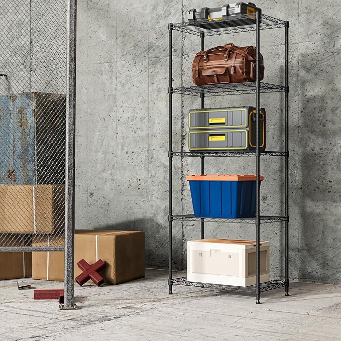 IZEUK 5-Tier Black Metal Storage Shelves, Adjustable Wire Shelving Unit for Kitchen, Bathroom, Pantry, Office, Garage, Organizer Wire Rack, 1250 lbs, 13.7" D x 23.6" W x 63" H