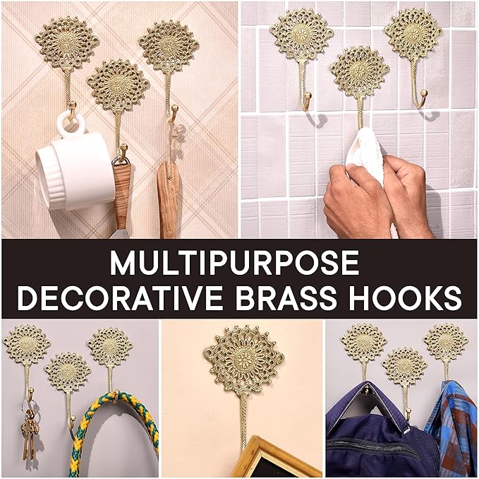 Indian Shelf 3 Sets Brass Sunflower Heavy Duty Decorative Vintage Key Holder, Key Wall Hooks for Hanging Coats, Jackets, Leash, Hat, Towel, Backpack, Purse, Handbag [Golden]