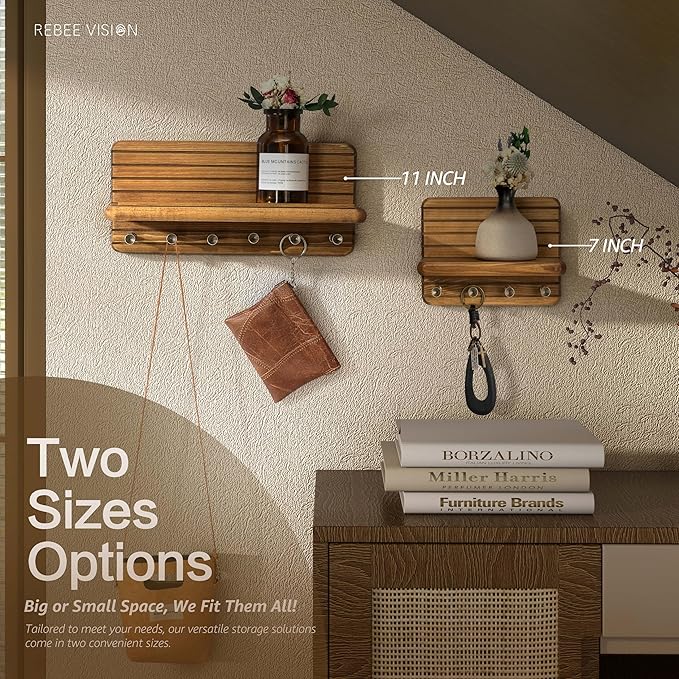 Rebee Vision Farmhouse Key Holder Wall Mount for Home Decor – Decorative 11-inch Pine Wooden Key Holder for Wall with 6 Hooks & Floating Shelf - Apartment Essentials for Tidy Space (Light Brown)