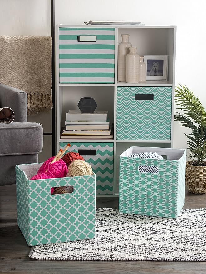 DII Hard Sided Collapsible Fabric Storage Container for Nursery, Offices, & Home Organization, (11x11x11) - Lattice Aqua