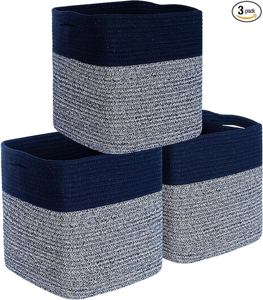 MINTWOOD Design 3-Pack 11x11in Woven Cube Storage Bin and Shelf Baskets, Cute Decorative Square Organizer for Closet, Classroom, Bathroom, Dog and Cat Toys, and Books, Navy Blue