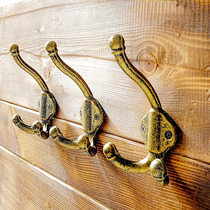 Dseap Cast Iron Wall Hooks L=5”, Heavy Duty Coat Hooks, Rustic Vintage Farmhouse Hook for Hanging Winter Coats Jackets Towels Hats Bags Plants, Antique Black& Gold, Pack of 5 (GripBold)