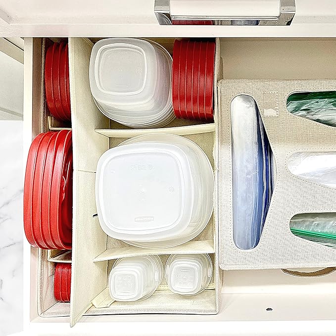 Food Storage Container Organizer Box – A Kitchen Drawer Organizer Compatible with Rubbermaid, Glad Containers and Lids – Adjustable Foldable Cloth Box
