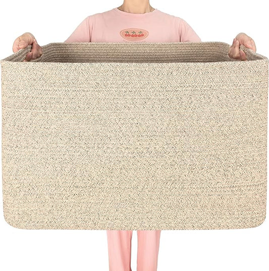 MINTWOOD Design 112L Extra Large Blanket Basket Holder Living Room, 25"x17"x16" Rectangle Rope Woven Storage Basket with Handles for Laundry, Towels, Shoes, Dog Toy Organizer Bin Box, Oatmeal Brown