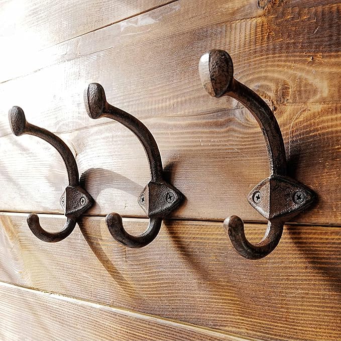 Dseap Cast Iron Wall Hooks L=5”, Heavy Duty Coat Hooks, Rustic Vintage Farmhouse Hook for Hanging Winter Coats Jackets Towels Hats Bags Plants, Antique Brown, Pack of 10 (ShieldBold)