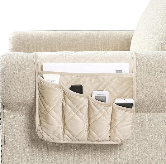 Brilliant Sunshine Beige Velvet Couch Armrest 5 Pockets Organizer, Slip Resistant Recliner Armchair Caddy, Washable Remote Controls Holder, Storage for Magazine, Tablet, Phone, 35×13", Beige Natural