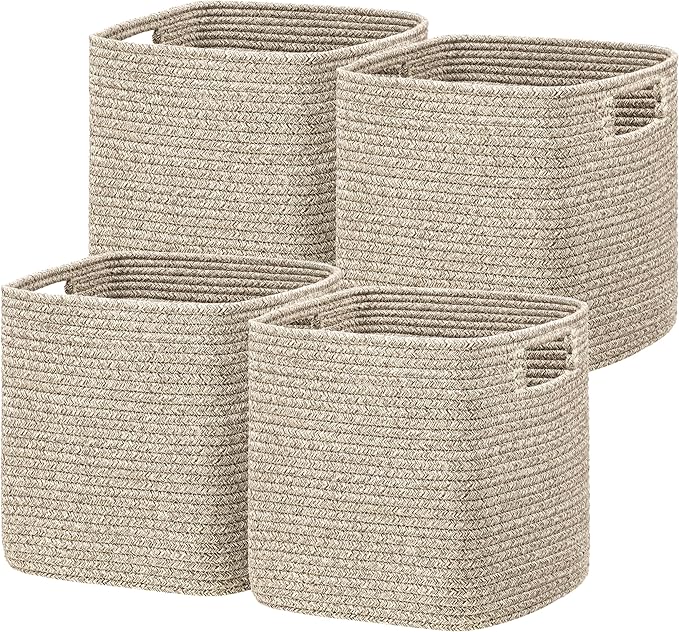 UBBCARE Storage Cubes 11 Inch, Cotton Rope Woven Baskets for Organizing, Cube Storage Bin for Baby Nursery, 4-Pack Square Toy Storage Baskets for Shleves Organizer, Closet, Kidsroom, All Browm