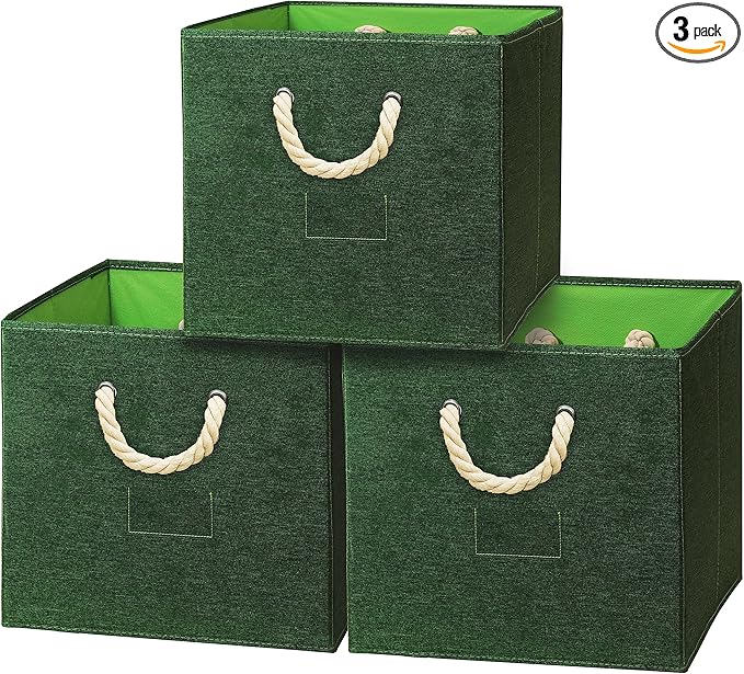 SIMPLE HOUSEWARE 13-Inch Cube Storage Bin With Braided Handles, 3 Pack, Green