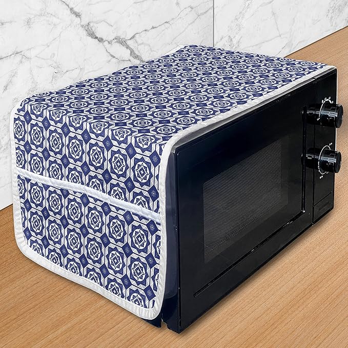 Ambesonne Dutch Microwave Oven Cover, Delft Style Geometric Pattern with Rhombuses and Hexagons Holland Design, Water Resistant Organizer with Pockets for Kitchen, 36" x 12", Navy Blue