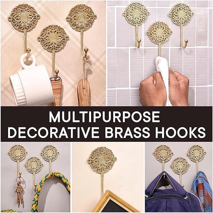 Indian Shelf Pack of 3 Handcrafted Brass Filigree Heavy Duty Decorative Vintage Key Holder, Key Wall Hooks for Hanging Coats, Jackets, Leash, Hat, Towel, Backpack, Purse, Handbag Wall Holders[Golden]