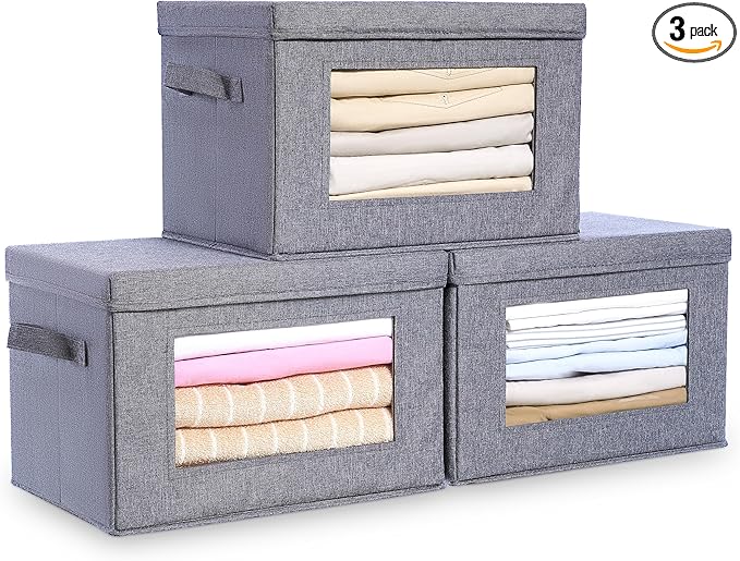 3-Pack Collapsible Storage Bins with Lids, Linen Fabric Foldable Storage Boxes, Cube Closet Organization for Clothes, Blankets and Books, Gray