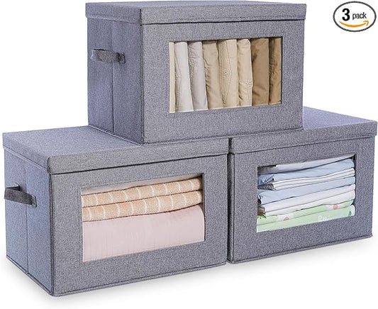 CityLife 3 Pack Foldable Storage Boxes with Lids (14.9x9.8x9.8 inches，Grey)