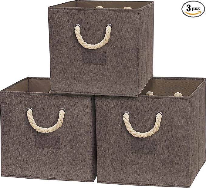 SIMPLE HOUSEWARE 13-Inch Cube Storage Bin With Braided Handles, 3 Pack, Brown