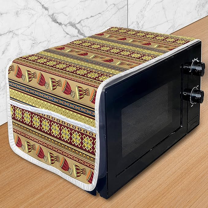 Ambesonne African Microwave Oven Cover, Oriental Djembe Drums Music Culture in Theme Geometric Chevrons Triangles, Water Resistant Organizer with Pockets for Kitchen, 36" x 12", Yellow Ruby