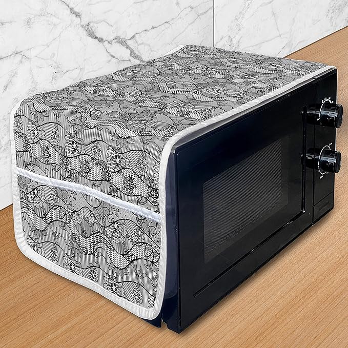 Ambesonne Floral Microwave Oven Cover, Lace Gothic Pattern with Flower Effect and Leaves Ornamental Antique Feminine Design, Water Resistant Organizer with Pockets for Kitchen, 36" x 12", Black Grey