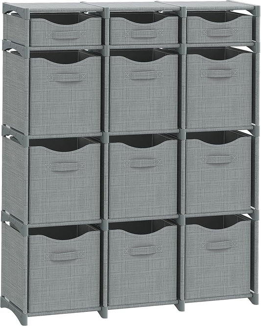 12 Cube Storage Organizer With Bins Included - Closet Storage With 12 Storage Bins - Easy To Assemble Storage Unit With Drawers - Closet Organization For Clothes, Bedroom, Nursery, & Toys (Grey)