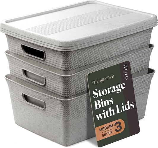 BINO | Plastic Storage Bins with Lids, 13 Liter - 3 Pack, Natural Grey | THE BRAIDED COLLECTION | Plastic Bins for Organization Woven Storage Baskets for Organizing Pantry Shelf Organizer Basket Bin